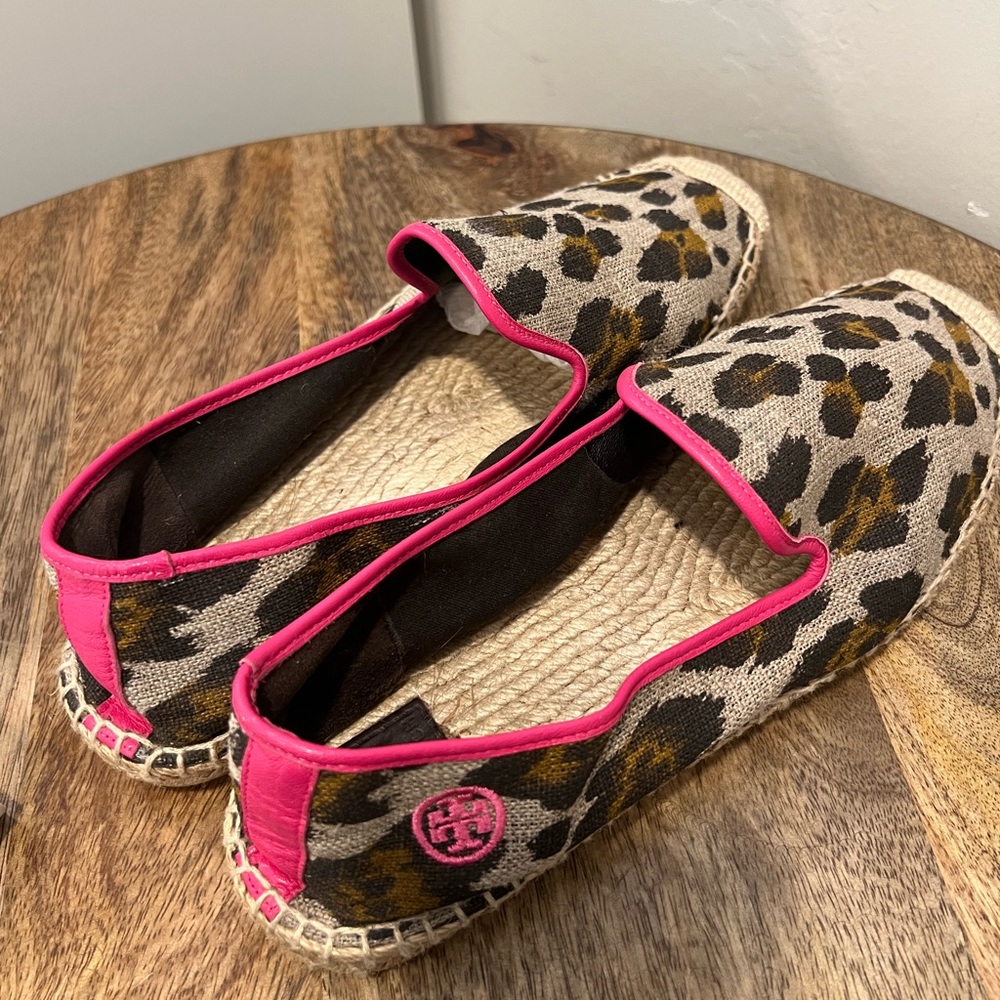Tory Burch Leopard Espadrilles with pink trim